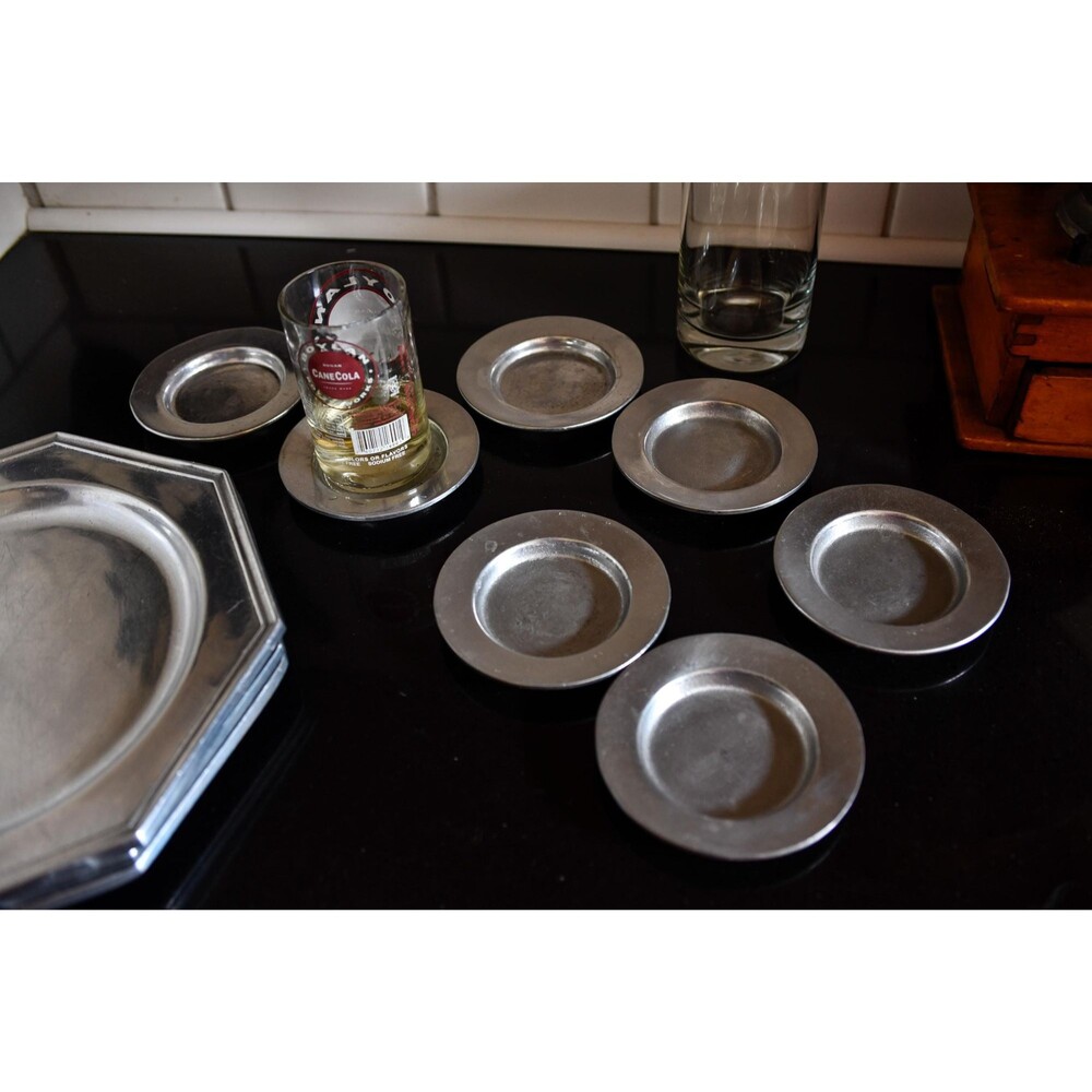 Set of 7 Vintage Wilton Armetale RWP Pewter-Tone Coasters — Made in USA- traditi
